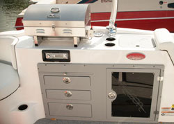 Fully equipped boat kitchen or galley on a white ski boat